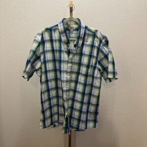 Haggar Button Down Short Sleeve Shirt Blue Green White Plaid XL